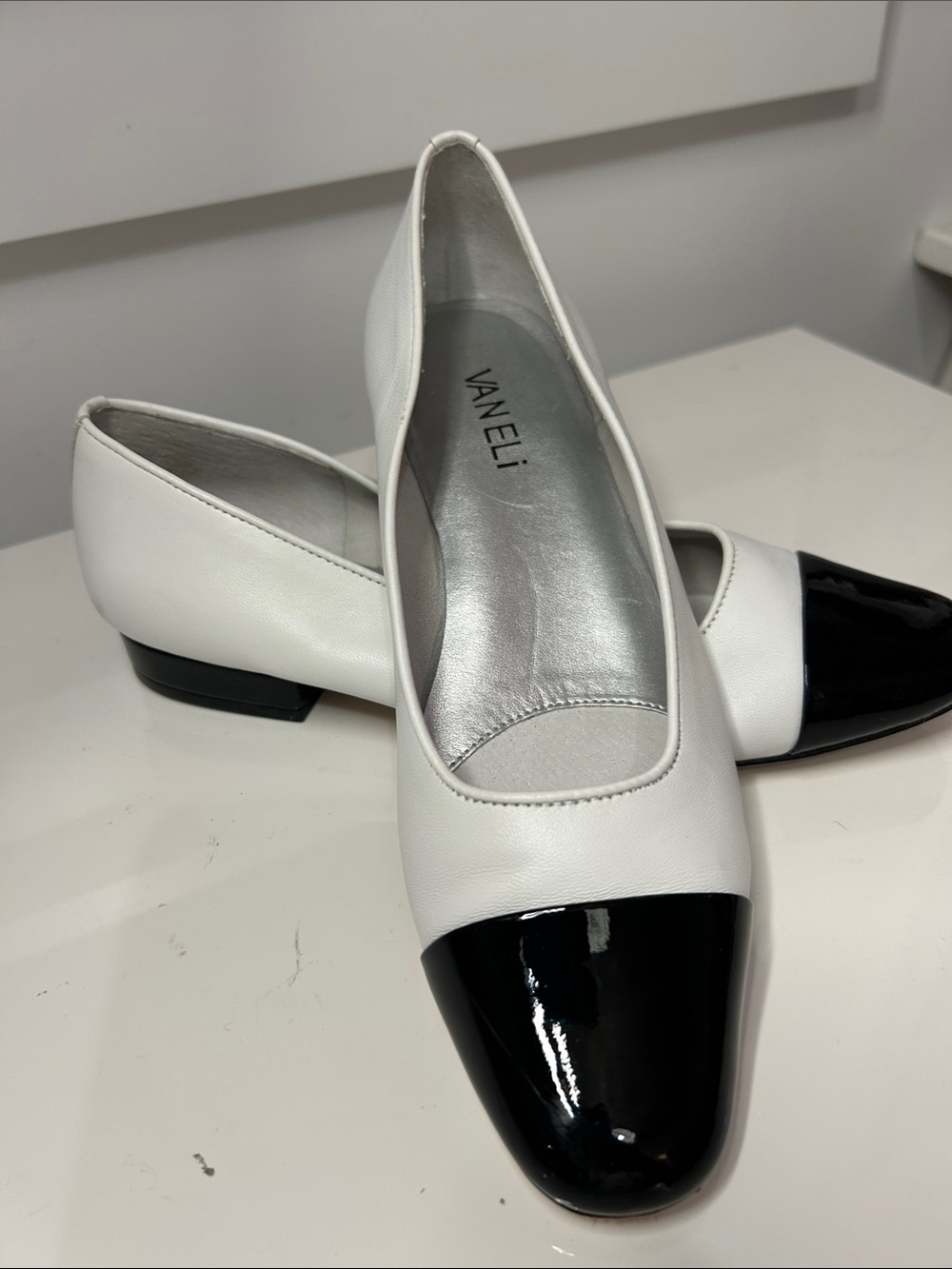 Vaneli Two-Tone White Leather Ballet Flat with Black Patent Cap
